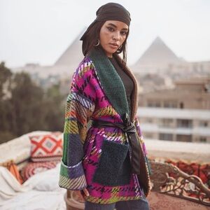 Dreams in wool jacket - Colorful Patchwork Belted Cardigan